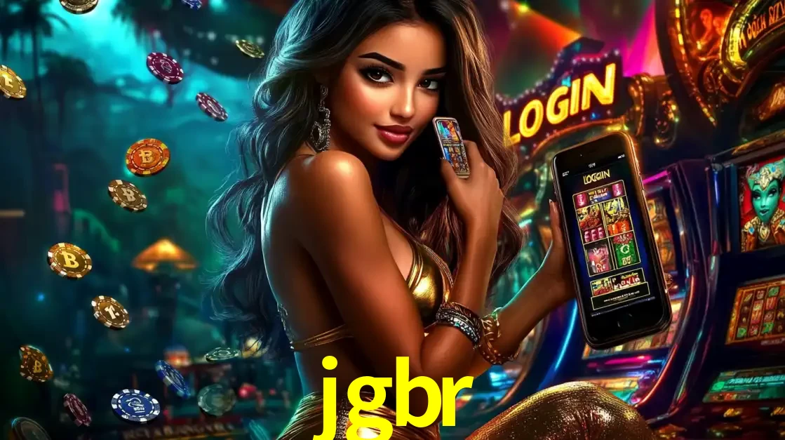 Mulher em um cenário de cassino temático de aventura, mostrando o app de caça-níqueis da jgbr no celular. Fichas de apostas flutuam ao redor.