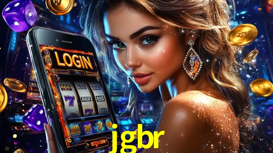 Mulher glamorosa segurando um smartphone com a tela de login para os jogos de caça-níqueis do cassino online jgbr, com moedas de ouro e dados ao redor.