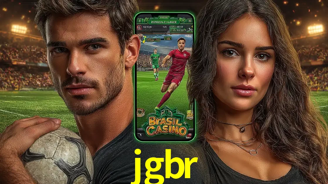 Homem segurando uma bola de futebol e uma mulher ao lado de um smartphone exibindo o jogo de apostas esportivas da jgbr. Faça seu palpite no cassino online.